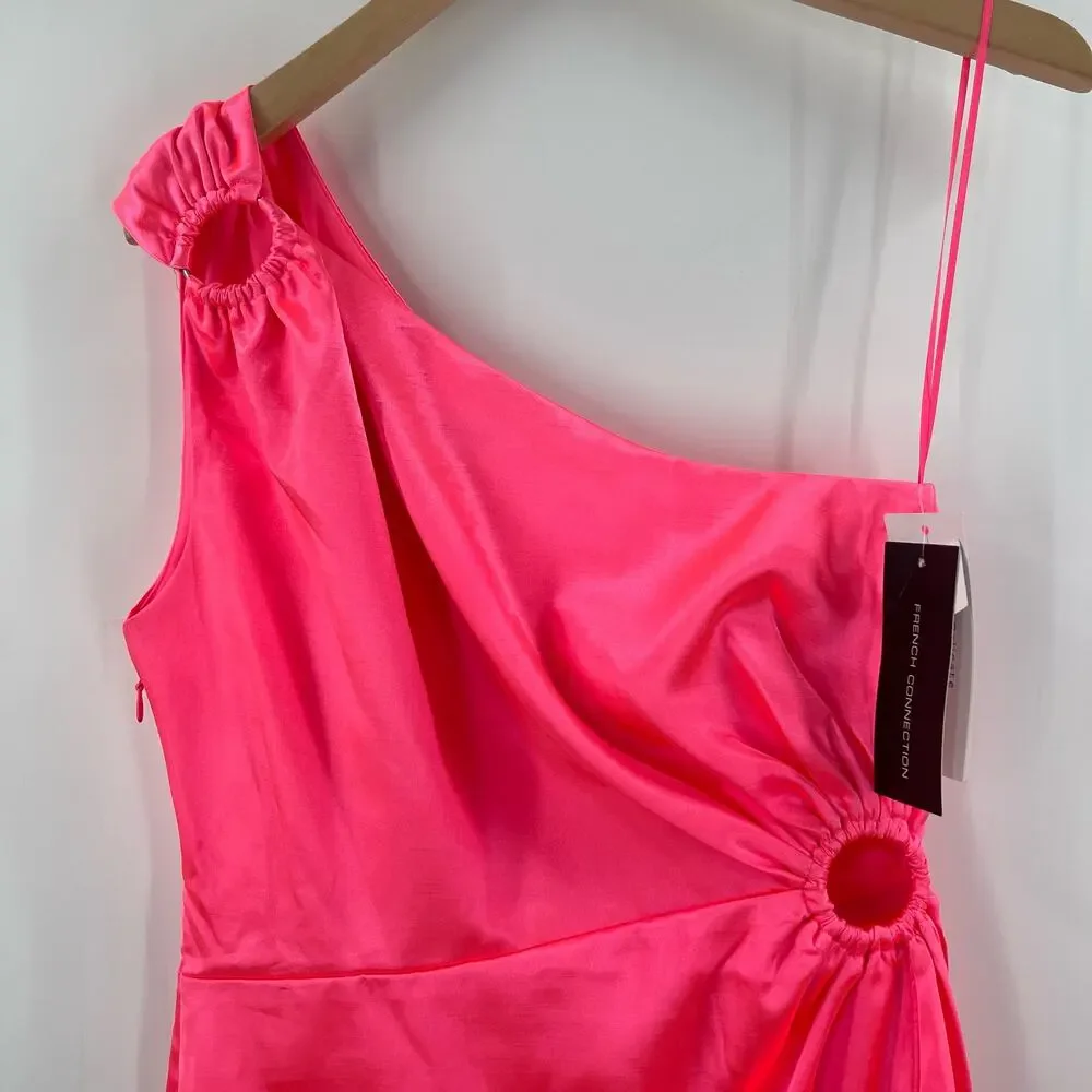 FRENCH CONNECTION Dress Size 6 Adaline Satin One Shoulder Midi Neon Pink NWT